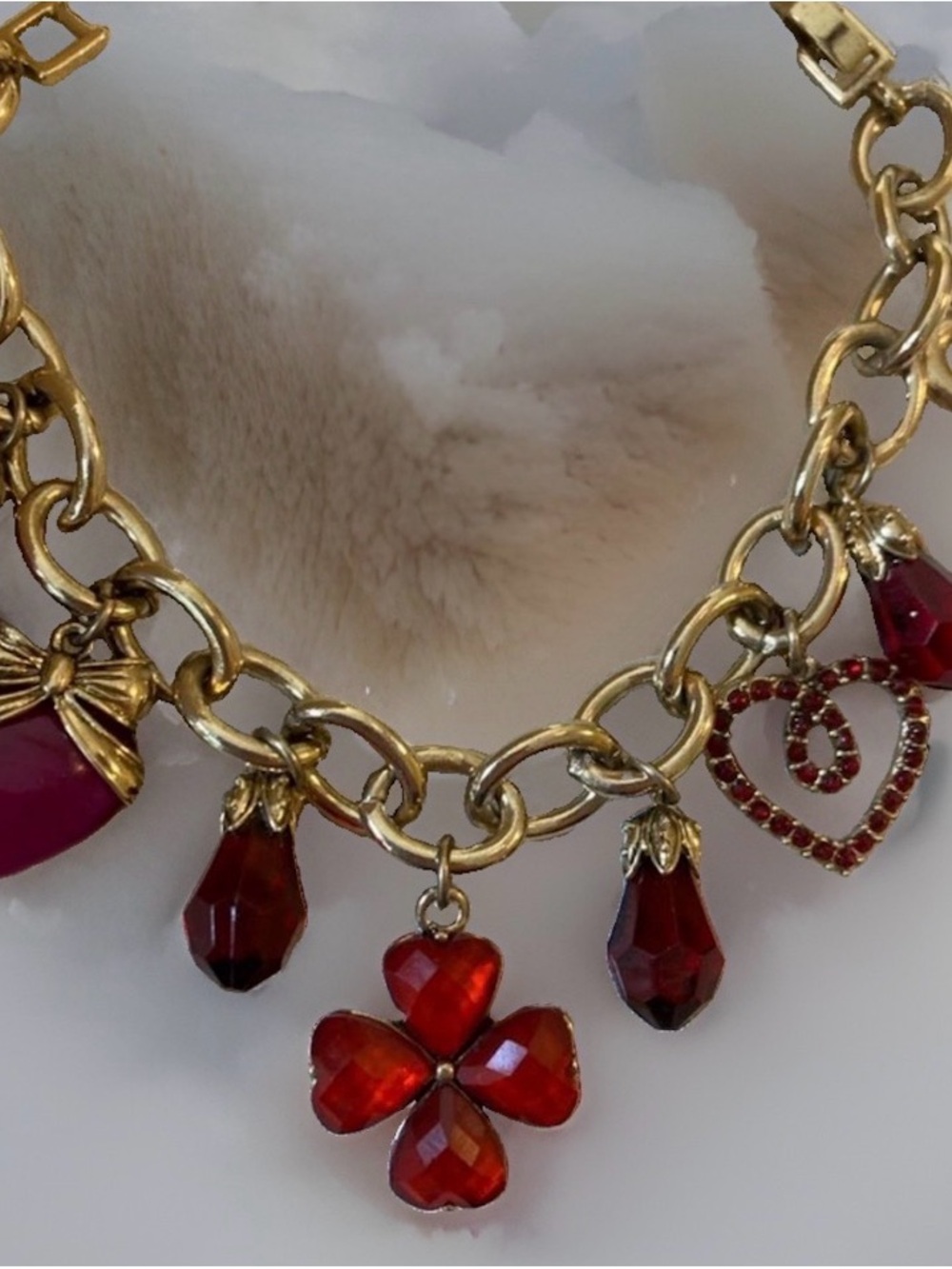 Signed LC Liz Claiborne Chunky Red Dangle Heart Charm Bracelet GoldTone
